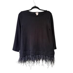 Chicos Size 1 (Medium) Black Knit Top With Feathered Hem NWT
